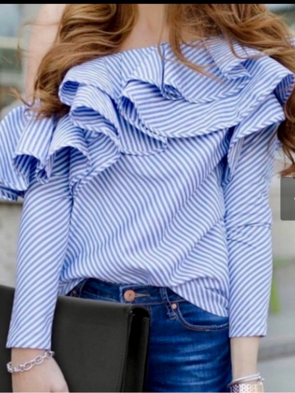 Chicwish Blue White Striped Ruffle Off-Shoulder Top